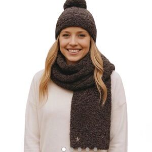 Barefoot Dreams CozyChic Pom Pom Hat & Scarf Set Espresso Cocoa NWT One Size